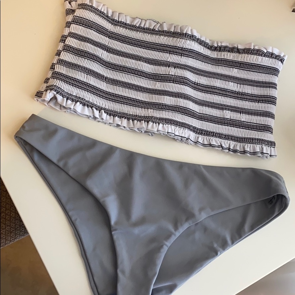 Striped bikini top with cheeky bikini bottom